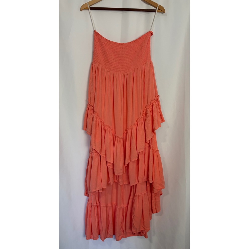Coral Boho Festival Strapless Tiered High Low Ruffle Maxi Dress Womens Medium